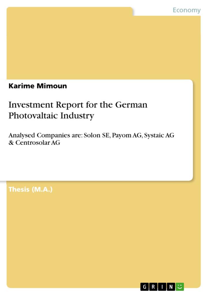 Investment Report for the German Photovaltaic Industry als eBook Download von Karime Mimoun - Karime Mimoun