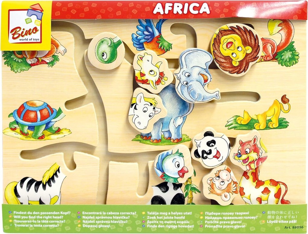Bino 88096 - Motorikspiel Africa Schiebepuzzle Tiere Holz Findest du den passenden Kopf? Zuordnungsspiel