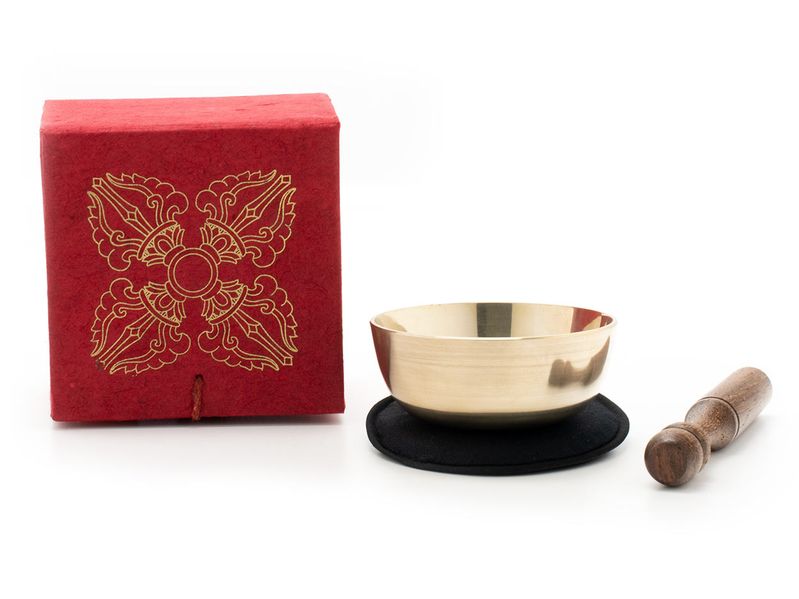 Klangschale (170 g) mit bedruckter roter Geschenkbox Unterlage und Klöppel