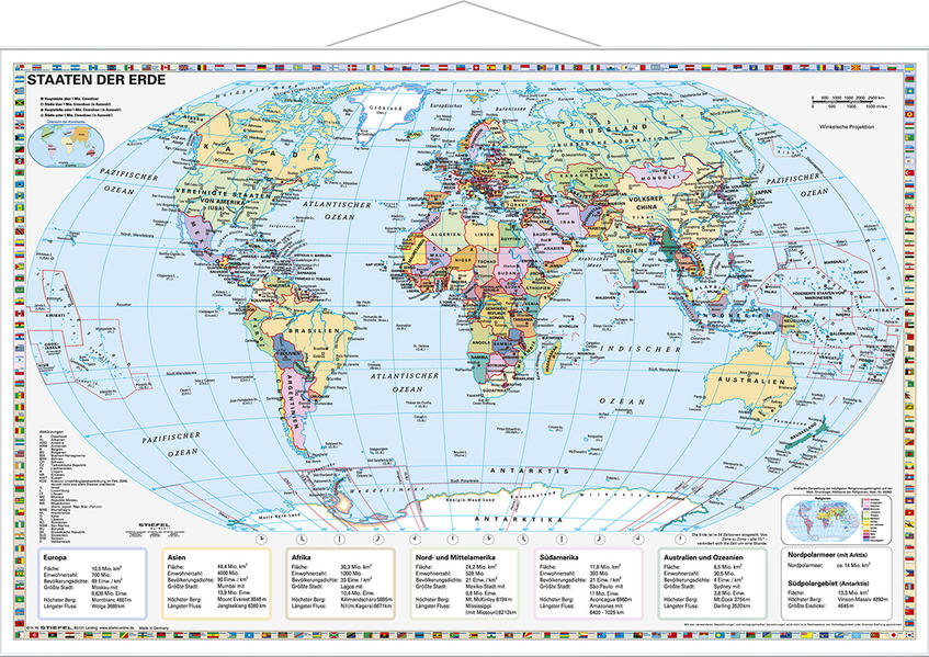 Staaten der Erde politisch 1 : 40 000 000. Wandkarte Kleinformat mit Metallstäben