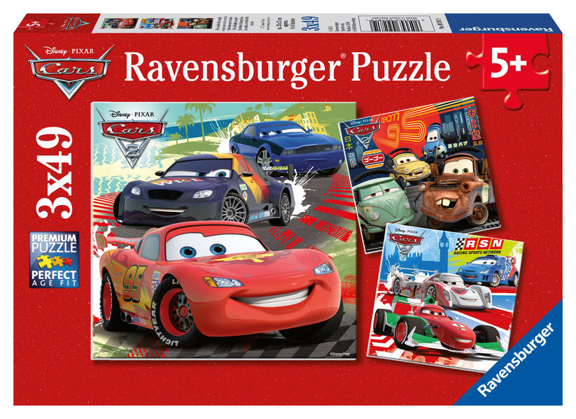Ravensburger Kinderpuzzle - 09281 Weltweiter Rennspaß - Puzzle für Kinder ab 5 Jahren Disney Cars Puzzle mit 3x49 Teilen