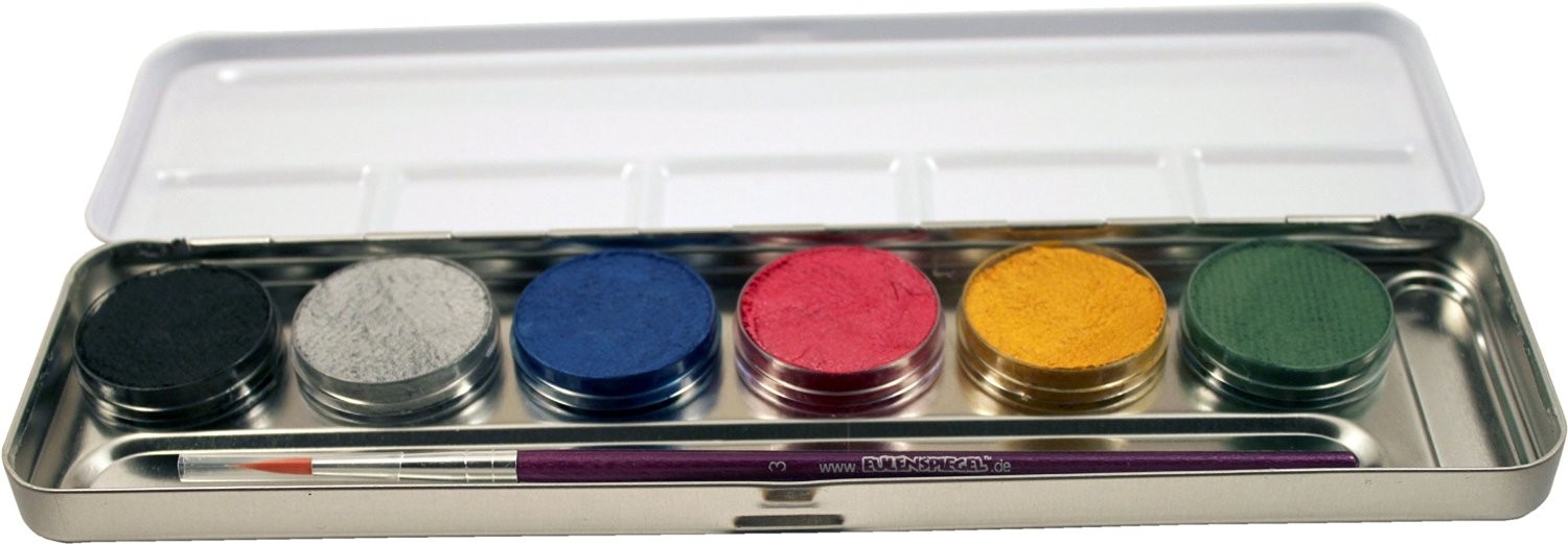 Eulenspiegel 206072 - Schminkpalette aus Metall 1 Pinsel und 6 Perlglanz - Farben