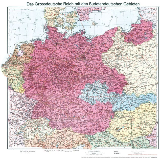 Historische Karte: Deutschland - Das Großdeutsche Reich mit dem Sudetendeutschen Gebieten 1938 (plano)