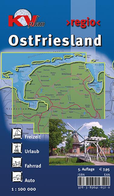Ostfriesland >regio< (ganze Region ostfriesische Halbinsel) KVplan Radkarte/Freizeitkarte 1:100.000 / 1:25.000