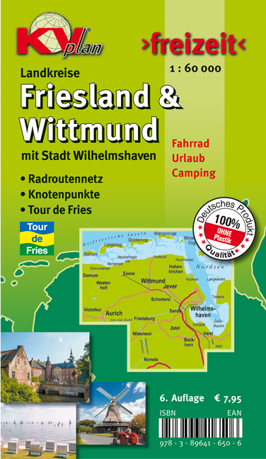 Friesland & Wittmund Kreiskarte KVplan Radkarte/Freizeitkarte/Routenkarte zur Tour-de-Fries 1:60.00