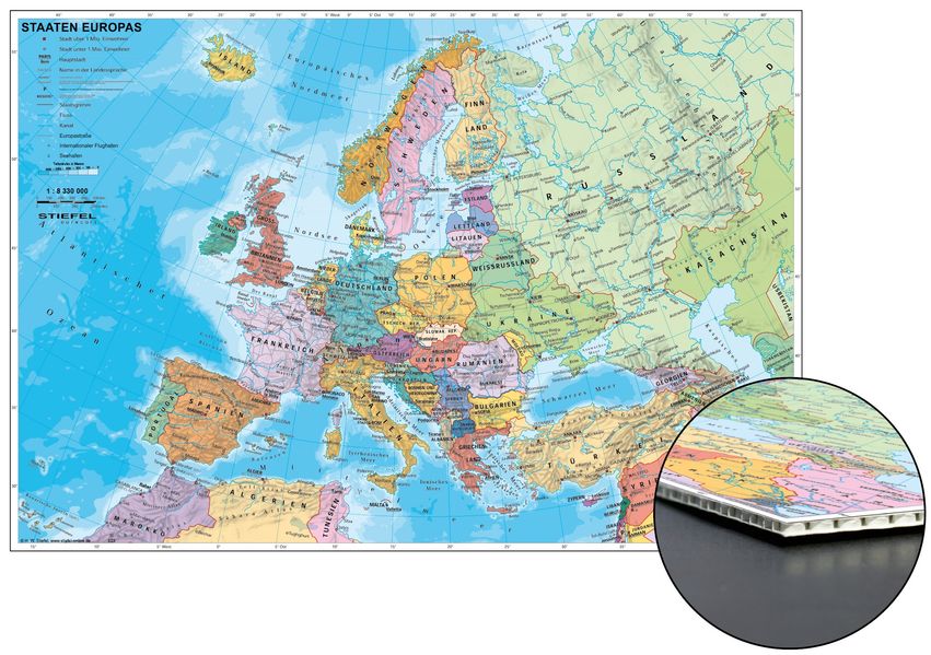 Staaten Europas zum Pinnen auf Wabenplatte Planokarte