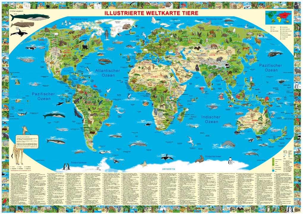 Illustrierte Weltkarte Tiere