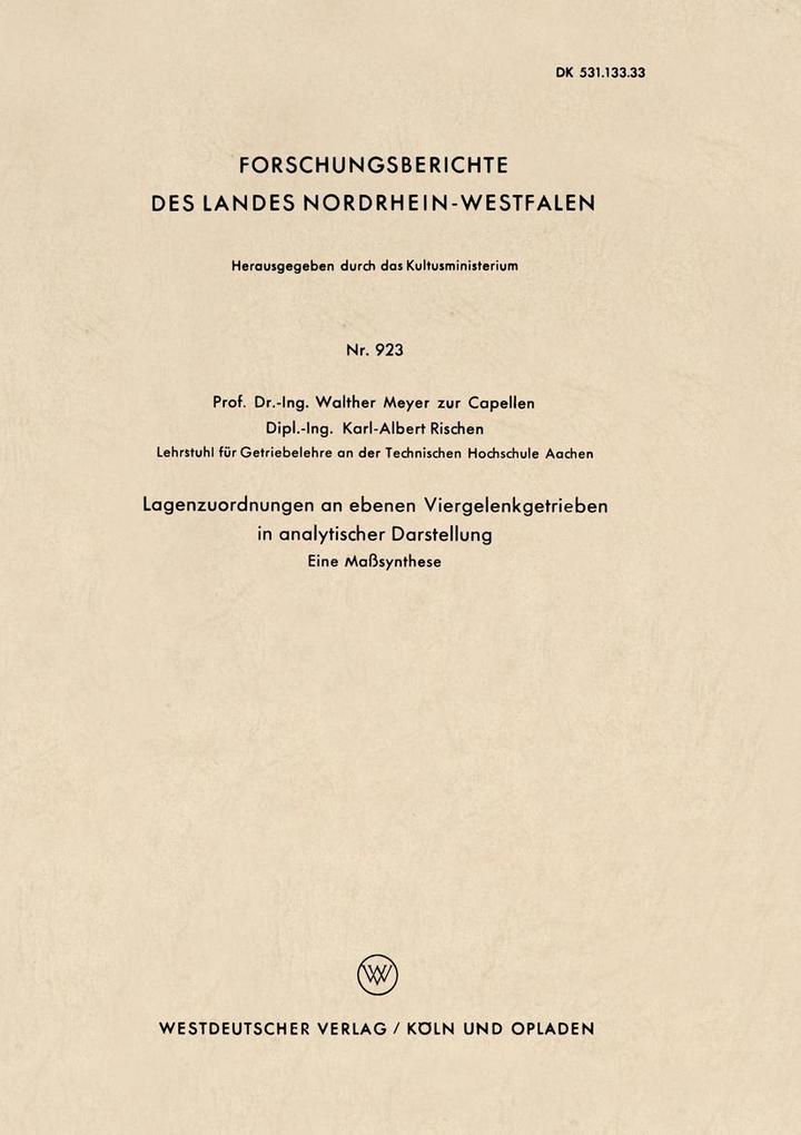 Lagenzuordnungen an ebenen Viergelenkgetrieben in analytischer Darstellung