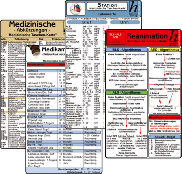 Stations Karten-Set - Laborwerte Med. Abkürzungen Medikamente - Haltbarkeit nach Anbruch Reanimation