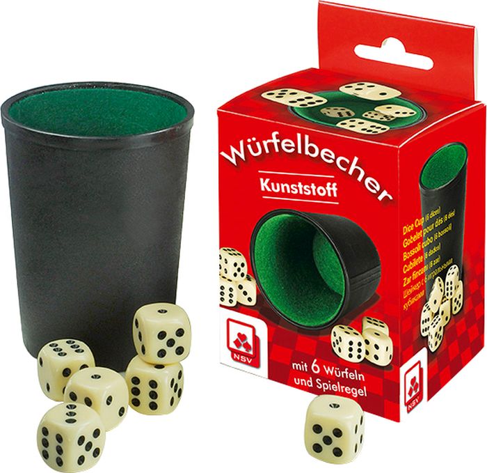 Würfelbecher Kunststoff 6 Würfeln und Anleitung in der Faltschachtel