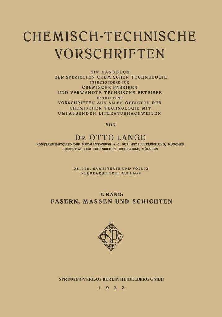 Chemisch-Technische Vorschriften - Dr. Otto Lange/ Otto Lange