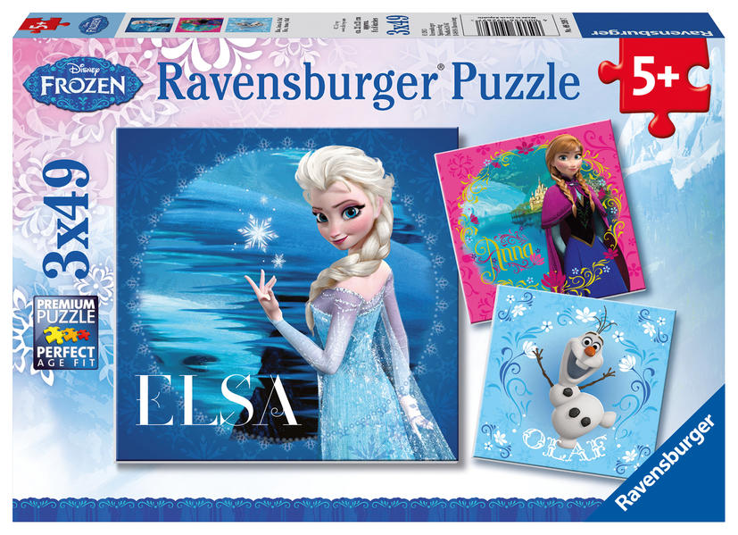Image of 3er Set Puzzle, je 49 Teile, 21x21 cm, Disney Die Eiskönigin: Elsa, Anna & Olaf