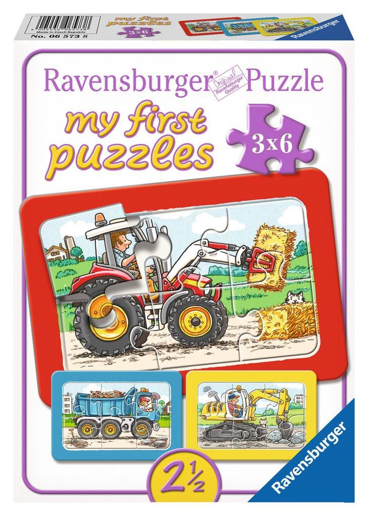 Image of 3er Set Puzzle, je 6 Teile, 21x15 cm, mit Rahmen, Bagger, Traktor und Kipplader