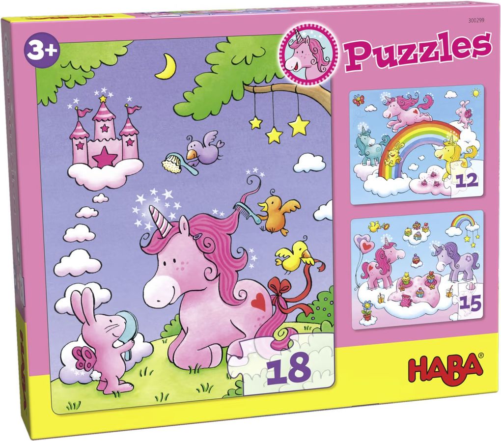 Image of Puzzles Einhorn Glitzerglück. 3 Motive 12 15 18 Teile