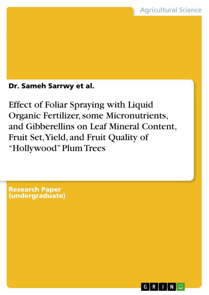Effect of Foliar Spraying with Liquid Organic Fertilizer some Micronutrients and Gibberellins on Leaf Mineral Content Fruit Set Yield and Fruit Quality of Hollywood Plum Trees