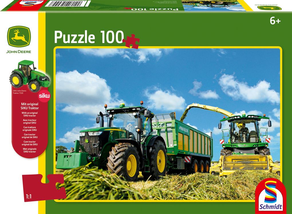 Image of John Deere. Traktor mit 8600i Feldhäcksler Puzzle 100 Teile und SIKU Traktor