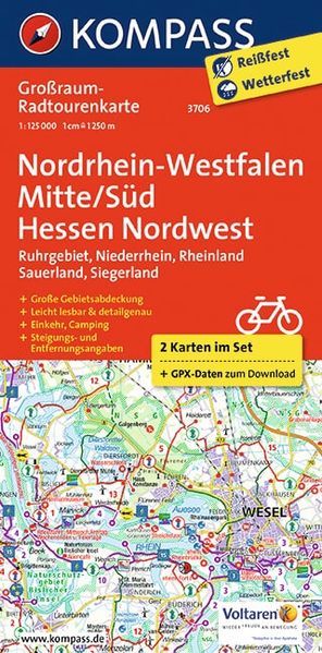 KOMPASS Großraum-Radtourenkarte 3706 Nordrhein-Westfalen Mitte/Süd Hessen Nordwest 1:125.000