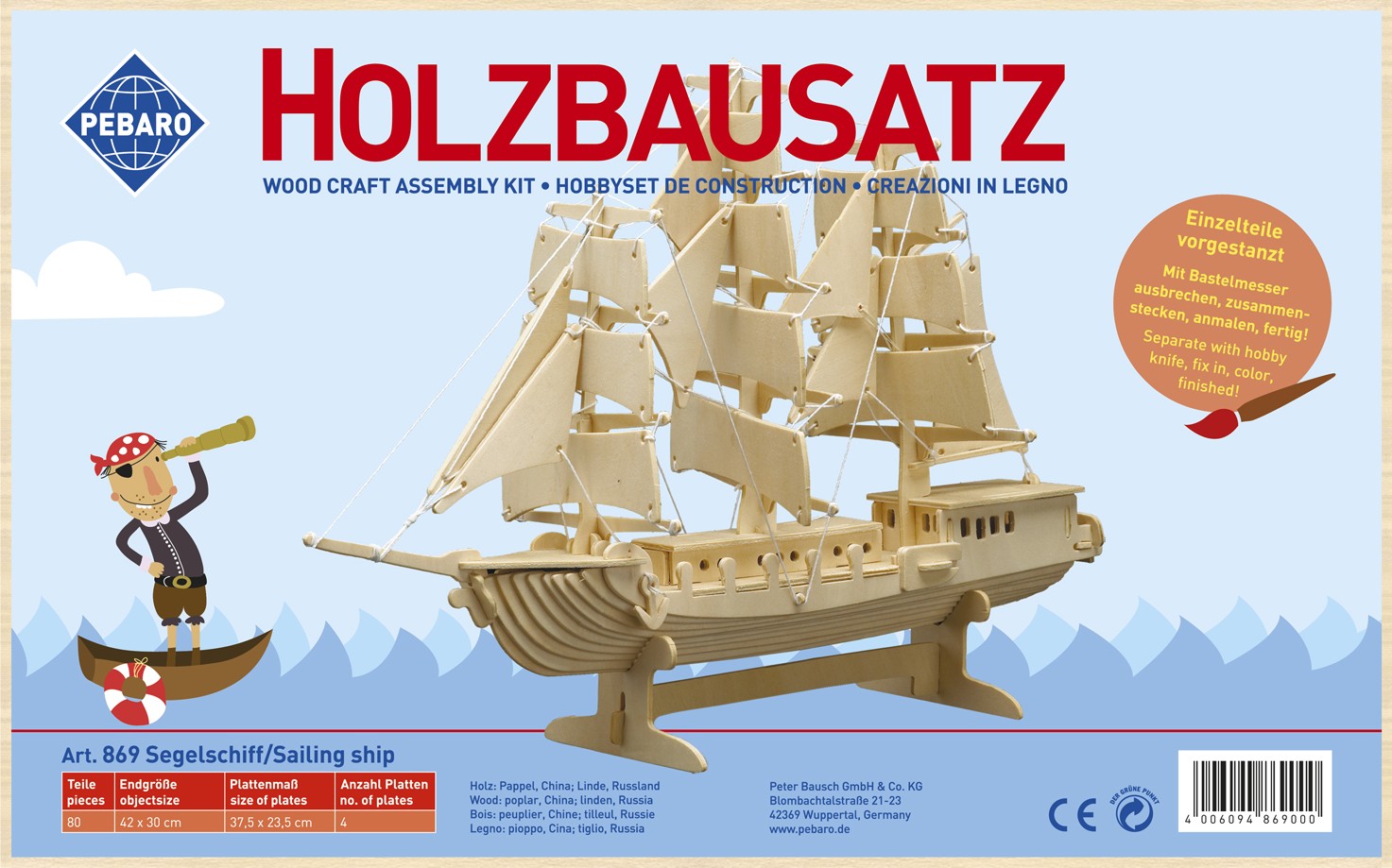 PEBARO 869 - Holzbausatz Segelschiff 80 Teile Holzkonstruktion zum Zusammenstecken