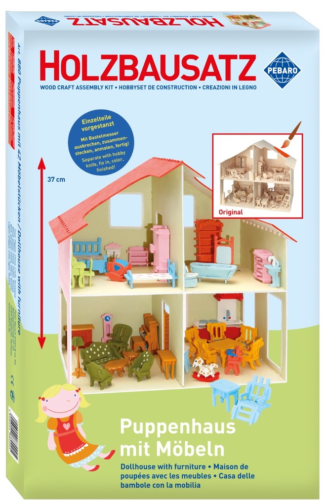 PEBARO 880 - Holzbausatz Puppenhaus mit Möbeln 11+241 Teile Holzkonstruktion zum Zusammenstecken