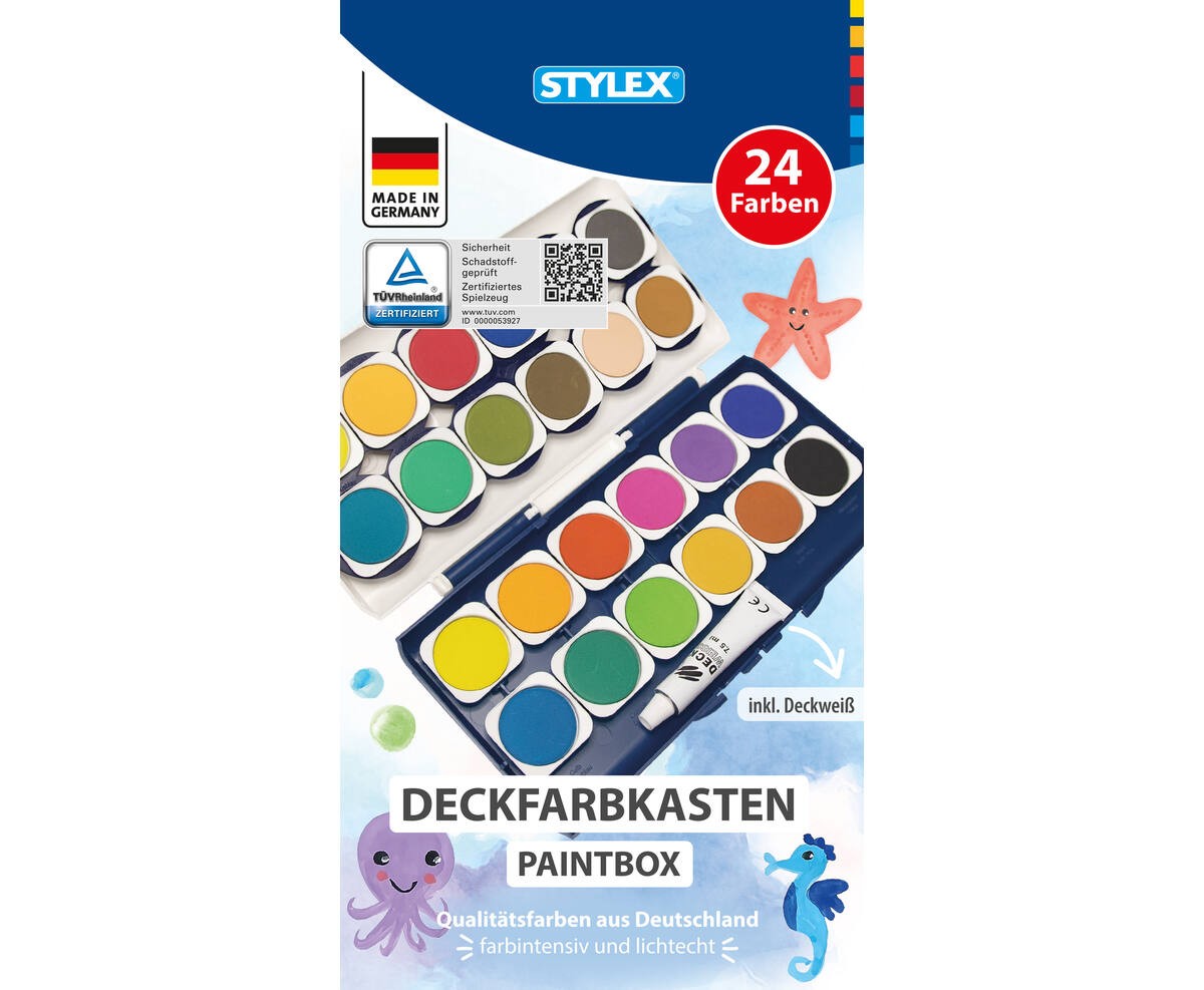 Stylex Deckfarbkasten mit 24 Wassermalfarben + Tube Deckweiß abnehmbarer Deckel mit 6 integrierten Feldern zum Mischen