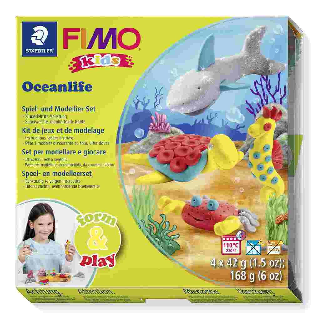 STAEDTLER FIMO kids 8034 ofenhärtende Modelliermasse Set 'Oceanlife' mit 4 Blöcken 42 g Modellierstab