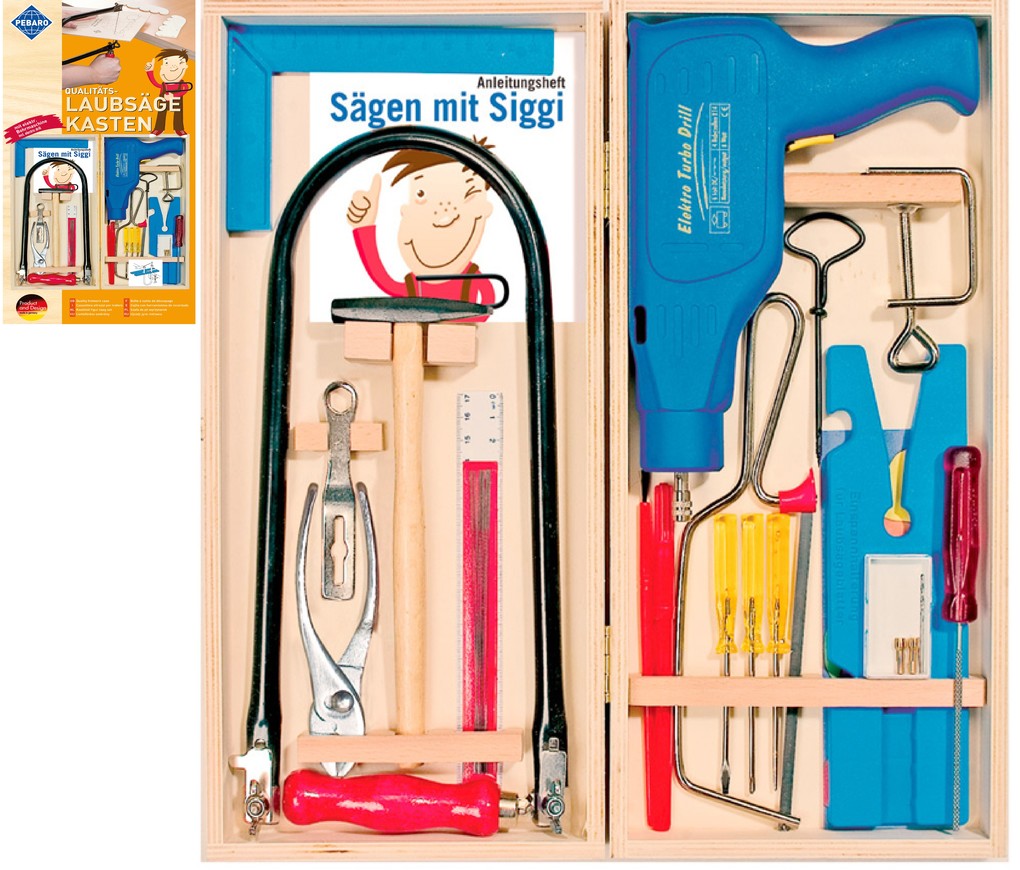 PEBARO 455 - Laubsäge-Kasten im Holz-Klappkasten mit elektrischer Bohrmaschine Werkzeugkasten