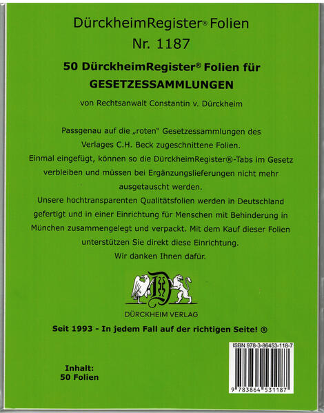 50 DürckheimRegister®-FOLIEN für STEUERGESETZE u.a; zum Einheften und Unterteilen der Gesetzessammlungen