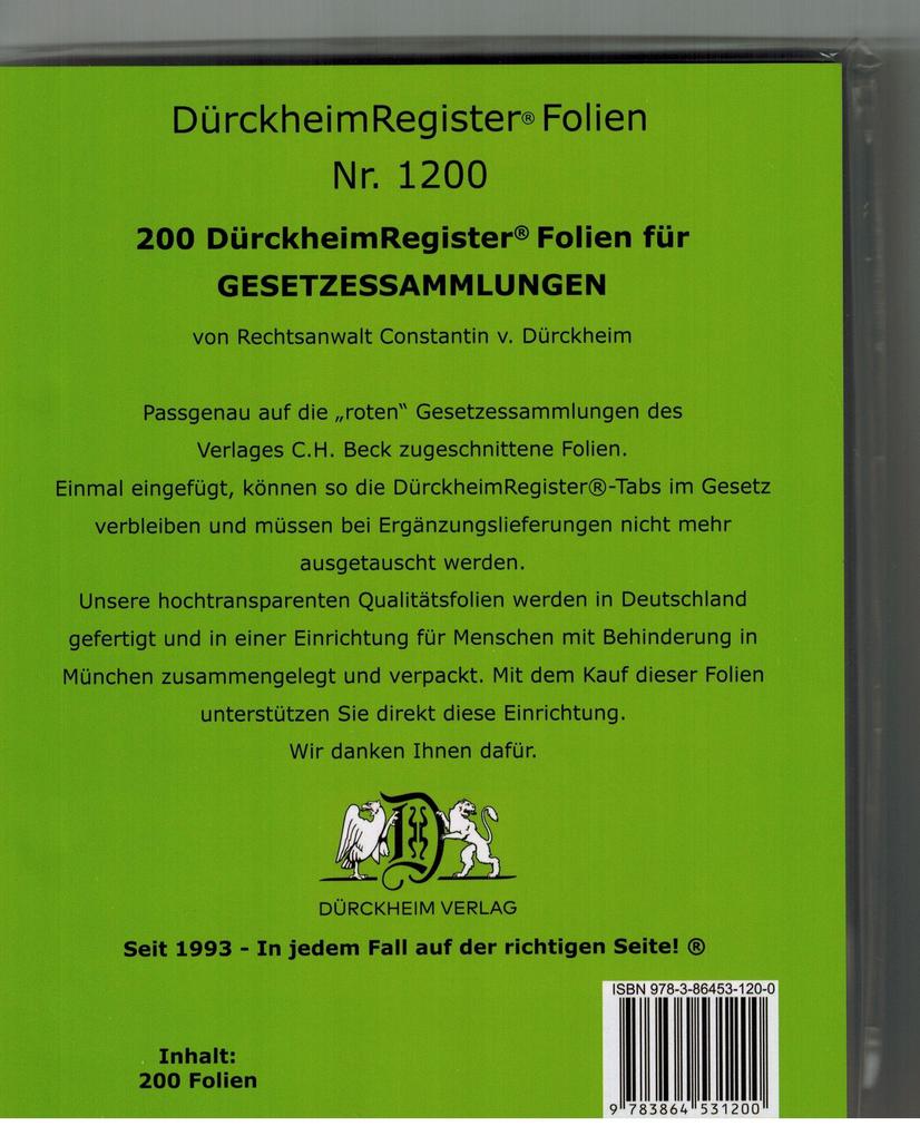 200 DürckheimRegister®-FOLIEN für STEUERGESETZE SCHÖNFELDER u.a; zum Einheften und Unterteilen der roten Gesetzessammlungen