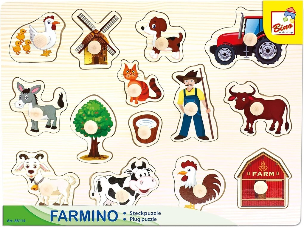 Bino 88114 - Farmino Puzzle Bauernhof Steckpuzzle 14-teilig Holz