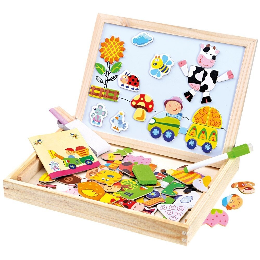 Bino 88117 - Holz-Puzzle-Box mit Magnet- und Schreibtafel 102 Teile