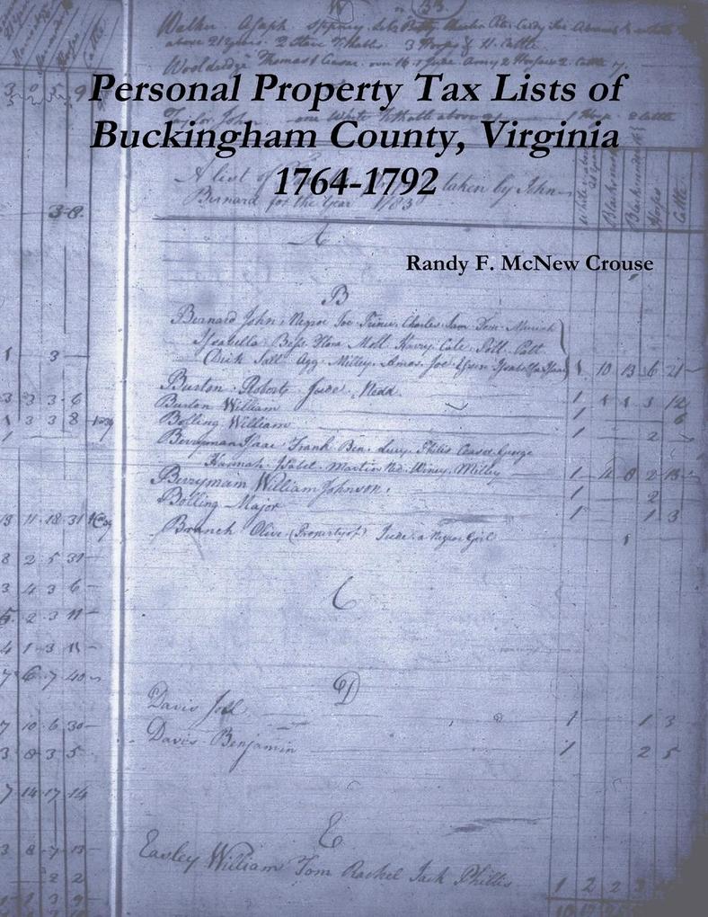 Personal Property Tax Lists of Buckingham County Virginia 1764-1792