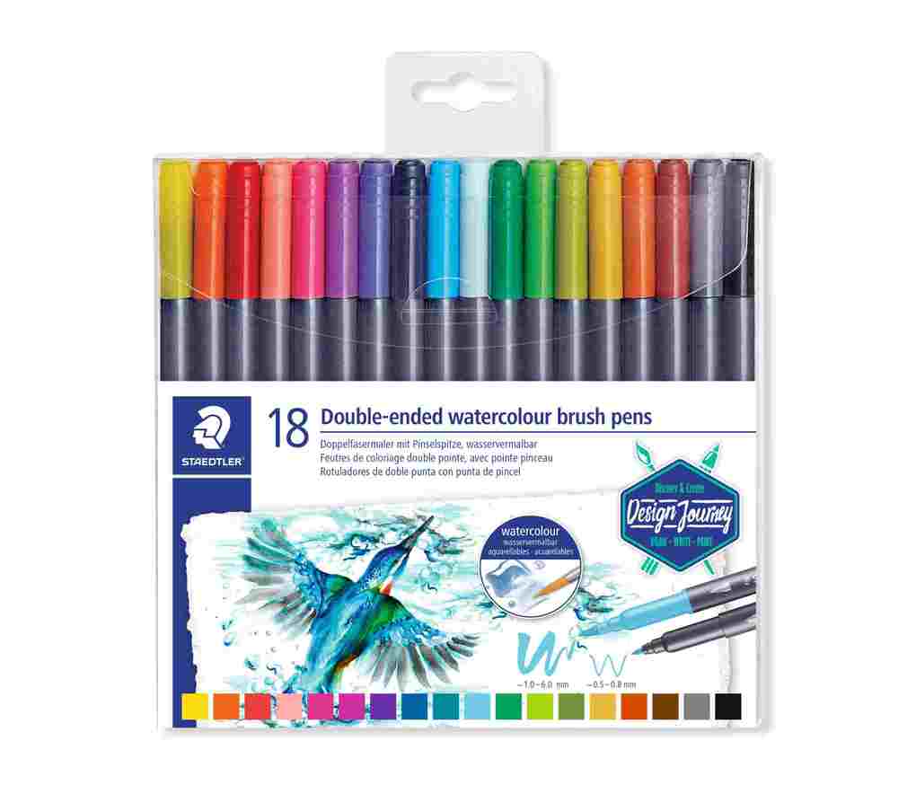 STAEDTLER Stylo marqueur double pointe aquarelle - 18 Couleurs assorties