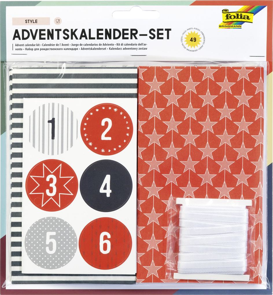 Folia Adventskalender-Set STYLE aus 24 lebensmittel echten Tüten Satinband Sticker