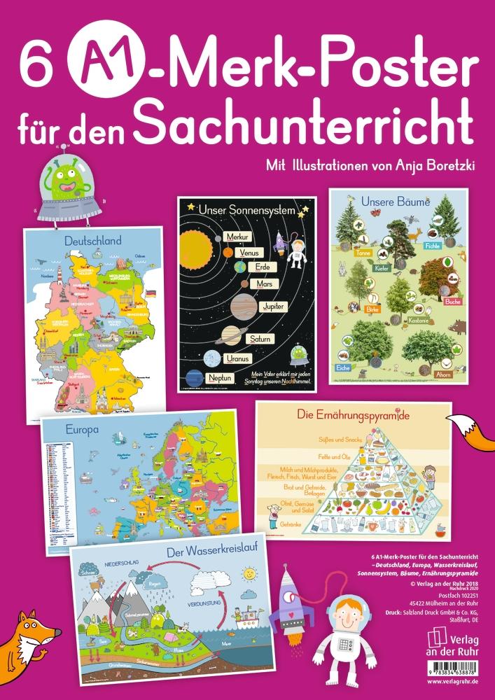 6 A1-Poster für den Sachunterricht - Deutschland Europa Wasserkreislauf Sonnensystem Bäume Ernährungspyramide