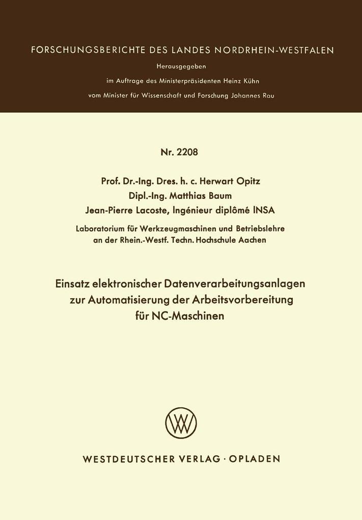 Einsatz elektronischer Datenverarbeitungsanlagen zur Automatisierung der Arbeitsvorbereitung für NC-Maschinen