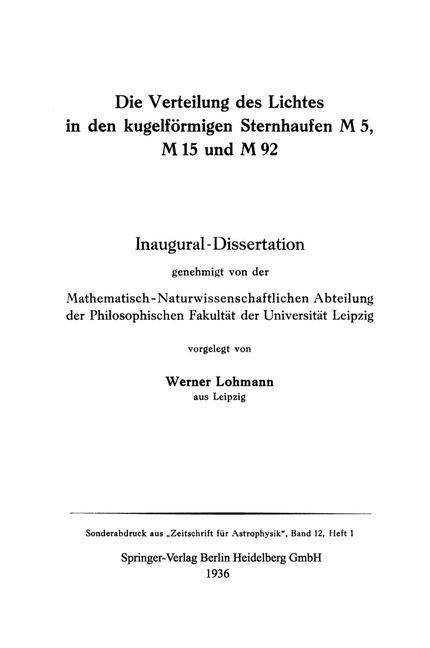 Die Verteilung des Lichtes in den kugelförmigen Sternhaufen M 5 M 15 und M 92