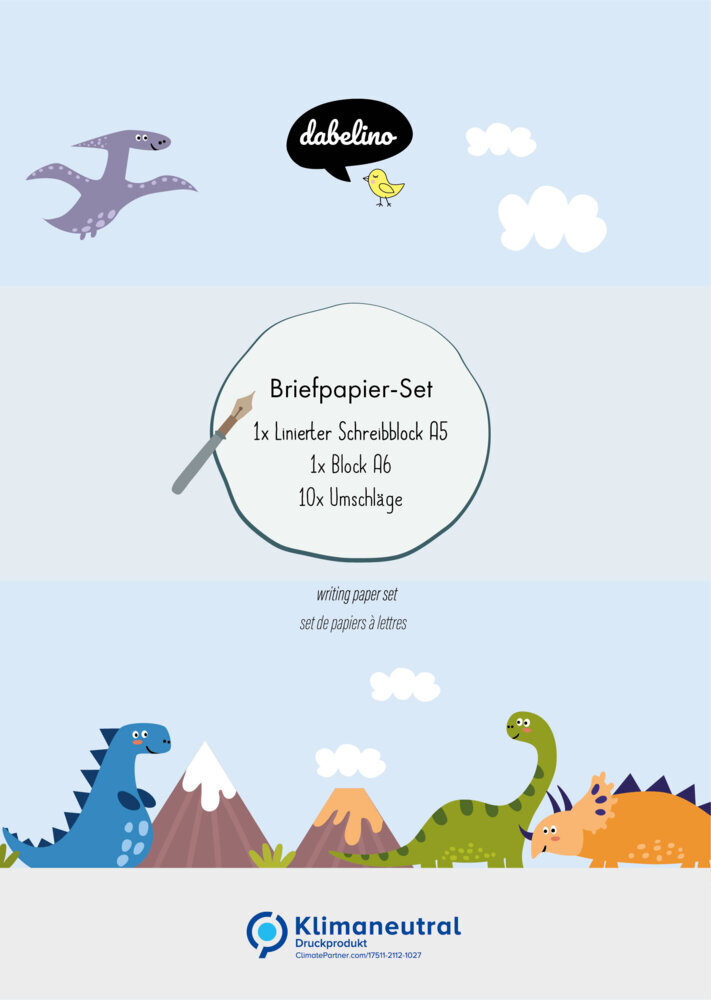 Liniertes Briefpapier-Set für Kinder: Dinosaurier (für Jungen blau)
