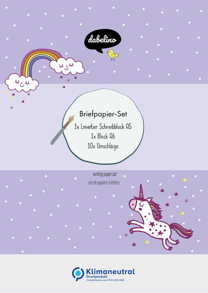 Liniertes Briefpapier-Set für Kinder: Einhorn (für Mädchen rosa lila)