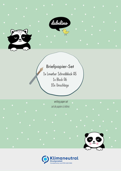 Liniertes Briefpapier-Set für Kinder: Tiere (Panda + Waschbär für Mädchen und Jungen grün)