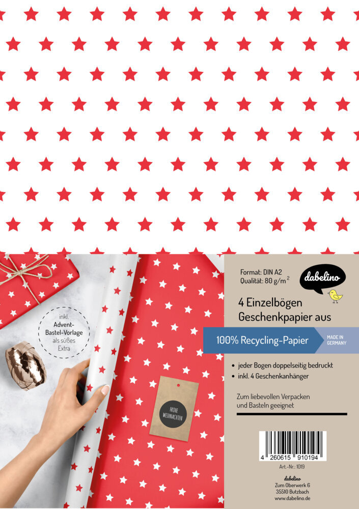 Öko-Geschenkpapier Weihnachten: Sterne (rot/ weiß Recyclingpapier)
