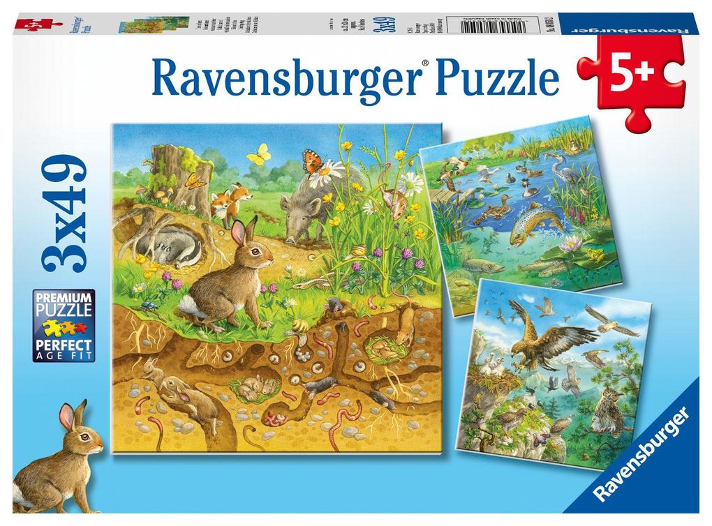 Image of 3er Set Puzzle, je 49 Teile, 21x21 cm, Tiere in ihren Lebensräumen