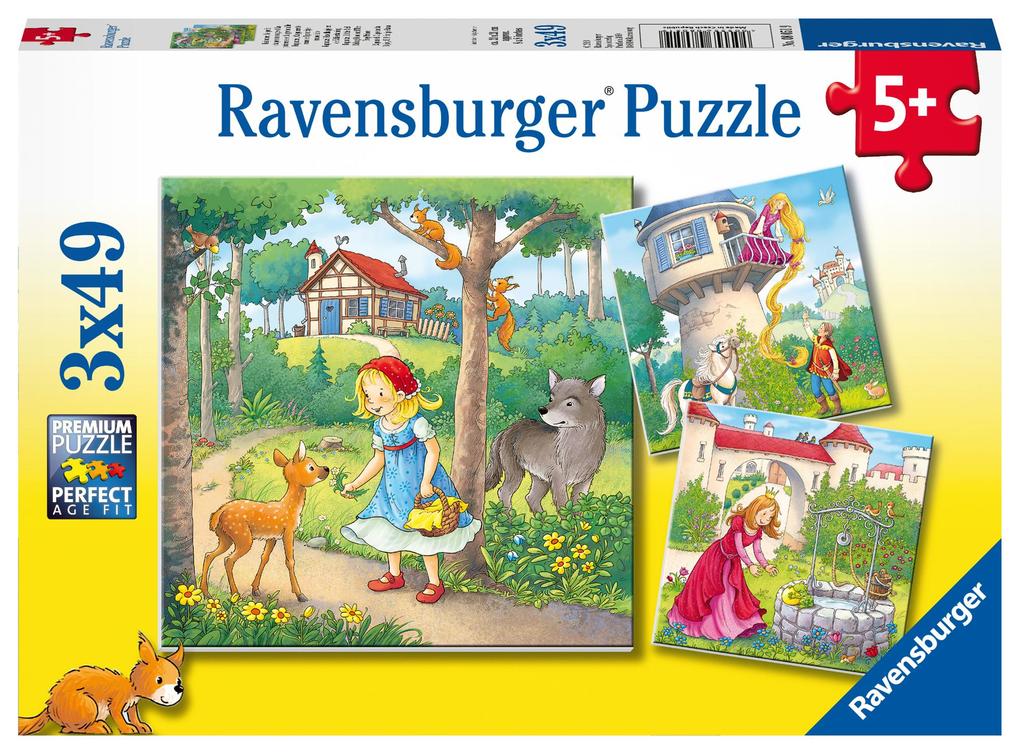 Ravensburger Kinderpuzzle - 08051 Rapunzel Rotkäppchen & der Froschkönig - Puzzle für Kinder ab 5 Jahren mit 3x49 Teilen