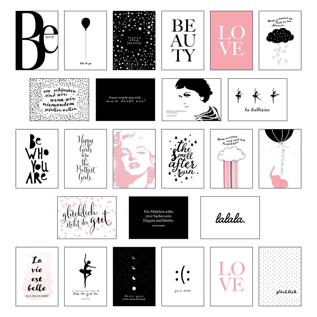Schönes Postkarten Set mit 25 modernen und stylishen Postkarten zum Dekorieren oder Verschenken. Feminine Bilder Sprüche und Statements für Frauen. Hochwertige Spruchkarten in dekorativer Box.