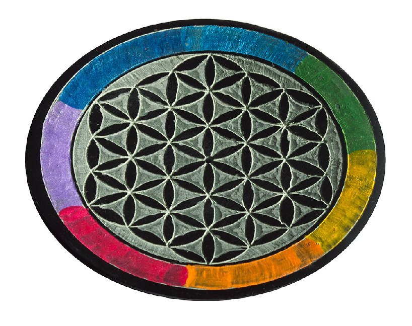 Blume des Lebens rainbow Speckstein rund 10 cm Räucherstäbchenhalter