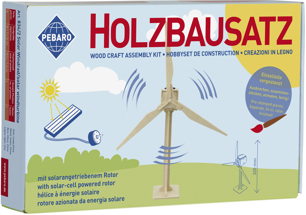 PEBARO 834/2 - Solar Holzbausatz Windrad 22-teilig Holzkonstruktion mit solarangetriebenem Propeller