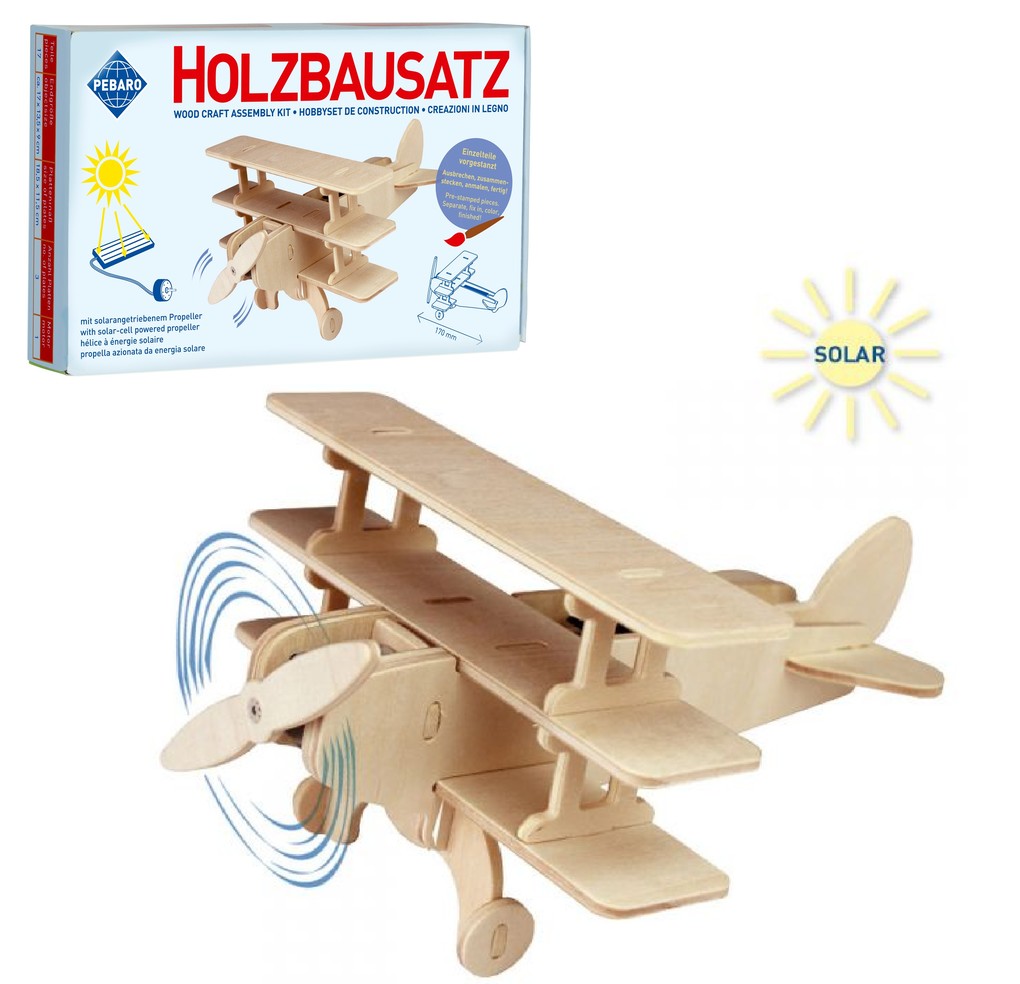 PEBARO 830/5 - Solar Holzbausatz Dreidecker 17-teilig Flugzeug Holzkonstruktion mit solarangetriebenem Propeller