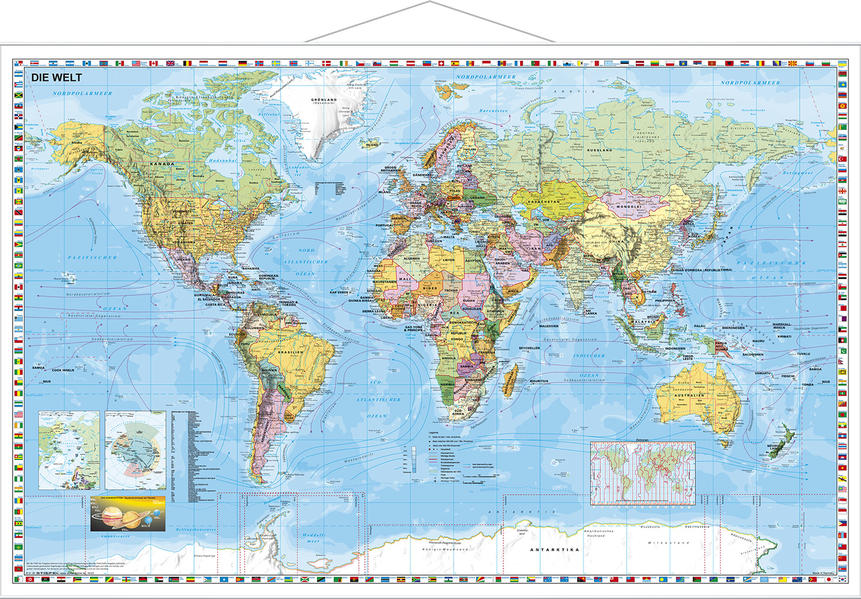 Weltkarte deutsch Kleinformat. Wandkarte mit Metallleiste