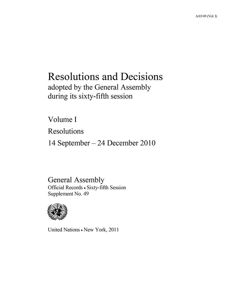 Resolutions and Decisions Adopted by the General Assembly during its Sixty-fifth Session
