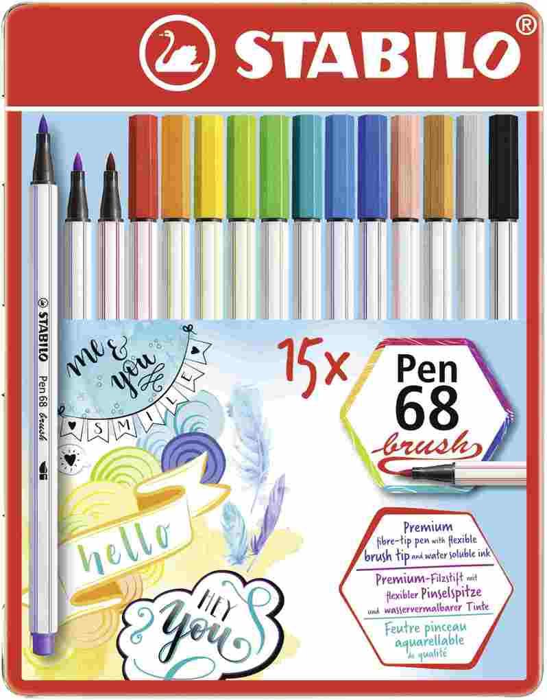 STABILO Pinselmaler Premium-Filzstift mit Pinselspitze Pen 68 brush 15er Metalletui
