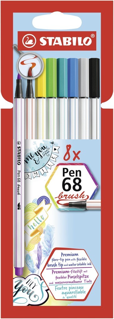 Premium-Filzstift mit Pinselspitze für variable Strichstärken - STABILO Pen 68 brush - 8er Pack - mi